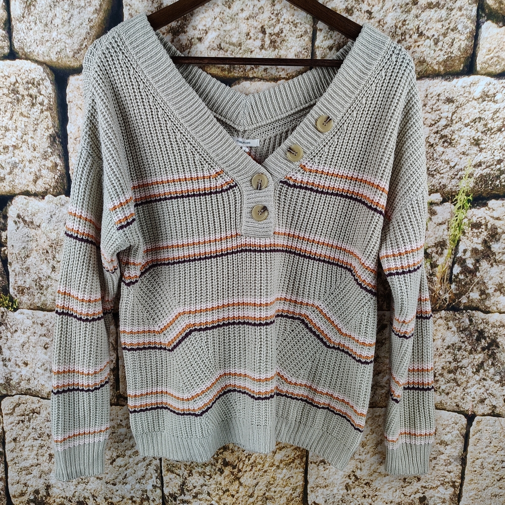 Maurices Cream Knit V-Neck Sweater with Orange & Brown Stripes